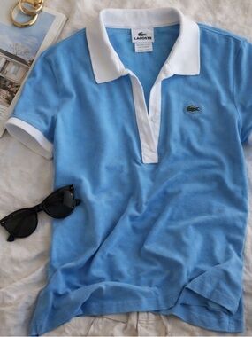 Lacoste Fitted classic Polo Shirt Blue White Trim Slim Fit Women’s Size Medium